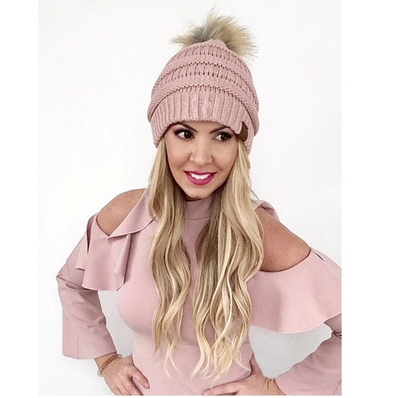 Black CC Knit Beanie with Faux Fur Pom - Picture 2 of 3